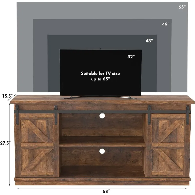 TV Stand for 65 Inch TV, Entertainment Center with Storage Cabinets and Sliding Barn Doors, Mid Century Modern Media Console