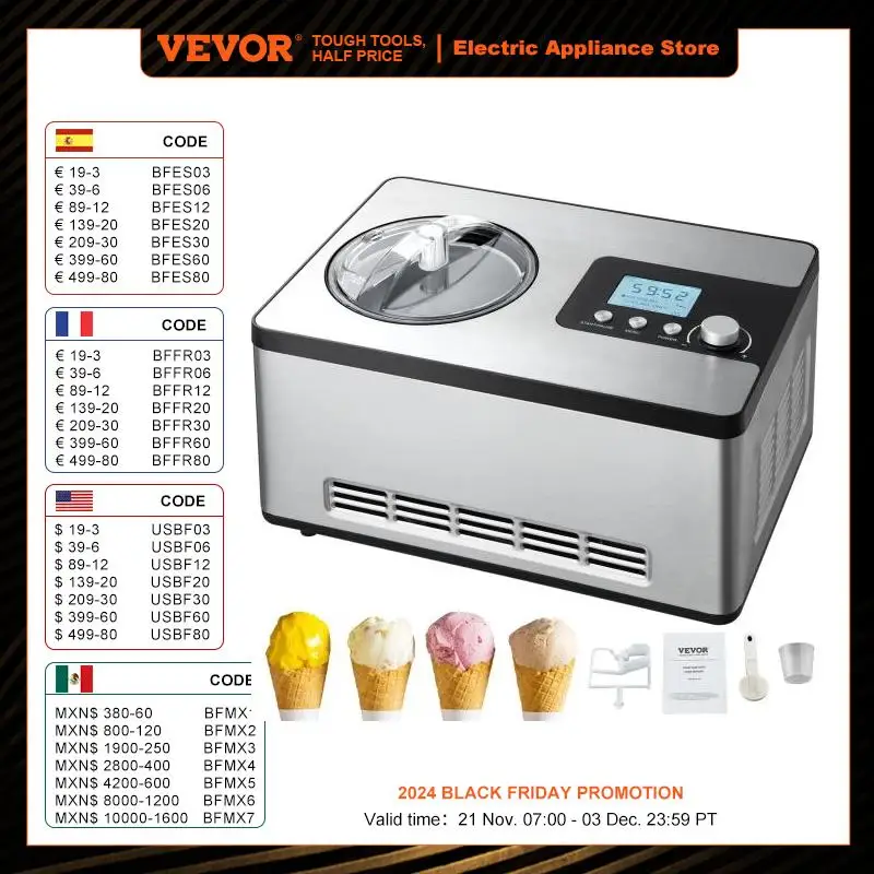 VEVOR Sorbetière Automatique Turbine à Glace Professionnelle 2 L 180 W Machine à Glace Électrique