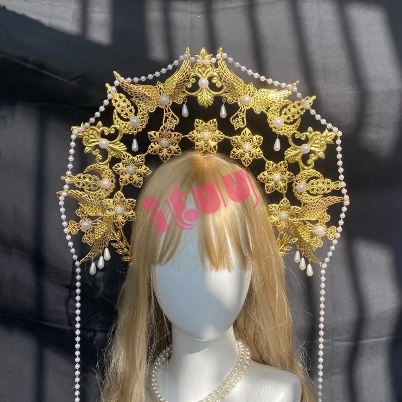 Lolita Sun เทพธิดา Angel Halo Crown สร้อยคอ Headpiece Queen Anna Baroque Pearl Tiara แถบคาดศีรษะ Gothic อุปกรณ์เสริม