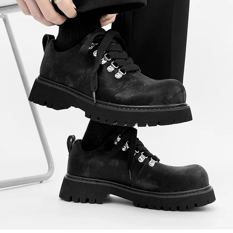 Men Casual Shoes Derby Cotton Distress Platform Increasing Slip On Thick Sole Ankle Boots Vintage Brand Luxury Sneakers