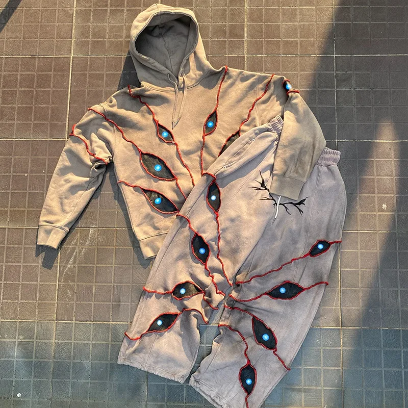 Halloween street spoof dark demon eye print pants loose warm hooded shirt sweater set