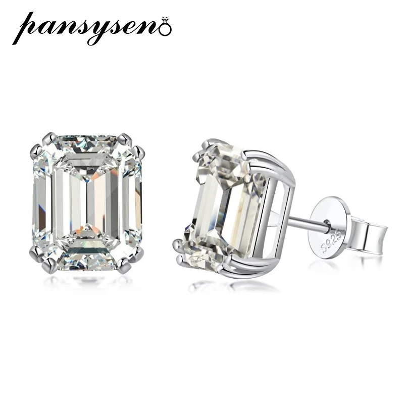 PANSYSEN Luxury 925 Sterling Silver 4CT Asscher Cut High Carbon Diamond Ear Stud Earrings for Women Girls Wedding Birthday Gift