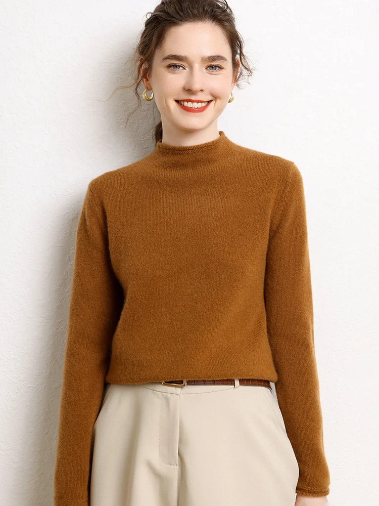 Autumn Winter Women's 100% Cashmere Sweater Mock Neck Slim Pullover Basic Thick Cashmere Knitwear Soft Warm Long Sleeve Clothing