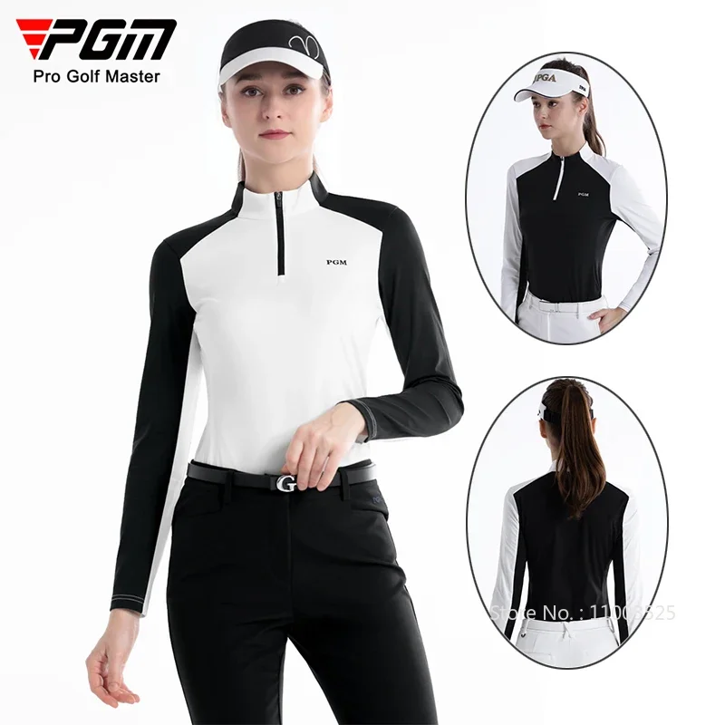 PGM Women Spring Long-sleeved Patchwork Golf T-shirt Zipper Collar Golf Tops Autumn Elastic Polo Shirts Leisure Slim Sportswear