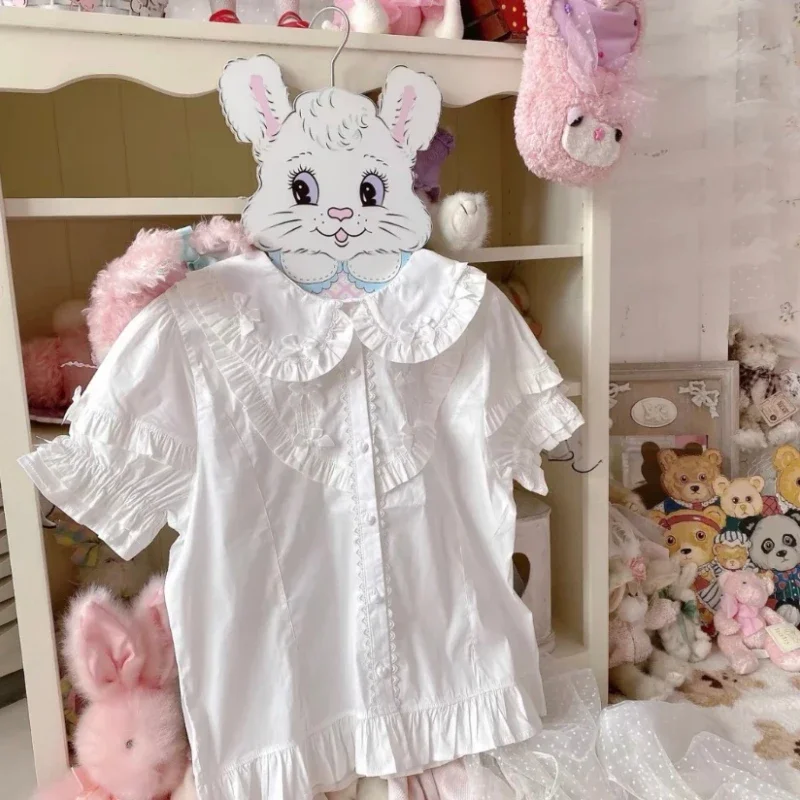 Gothic Y2k Lolita Short Sleeve Shirts Soft Girl Kwaii Peter Pan Collar Bowknot Tops Sweet Cute Clothing Victorian Vintage Blouse