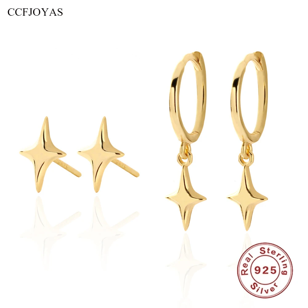 

CCFJOYAS 100% 925 Sterling Silver Small Fresh Glossy Four-pointed Star Earrings for Women Simple INS Stacking Earrings Wholesale