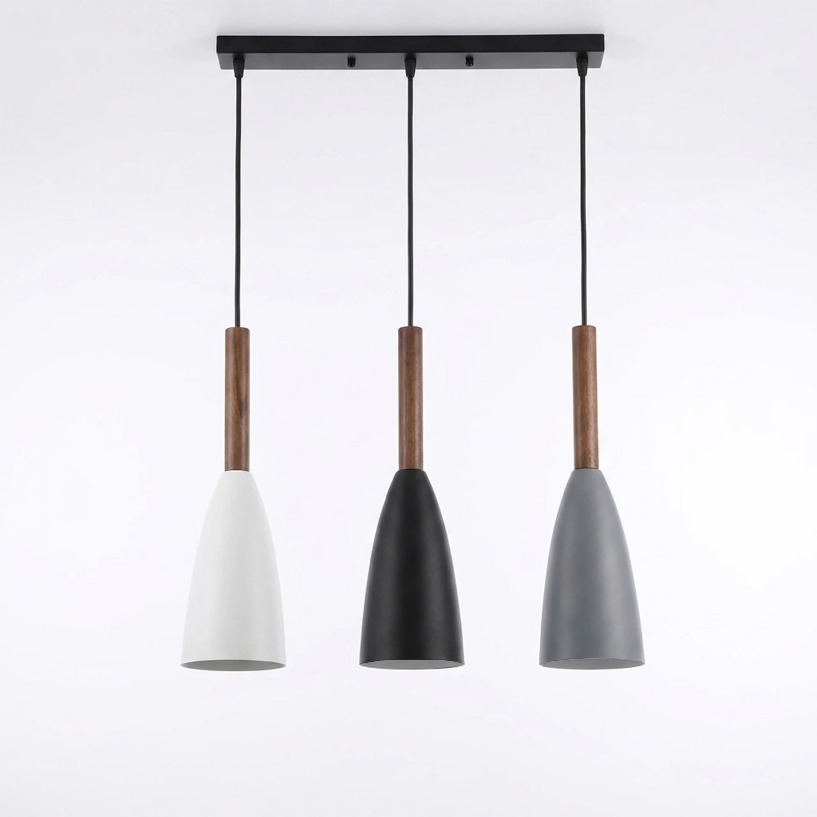 Modern Nordic 3‑Head Pendant Lamp, Wood Accent Metal Shade Hanging Light, Adjustable Ceiling Fixture for Dining Table Cafe, E27