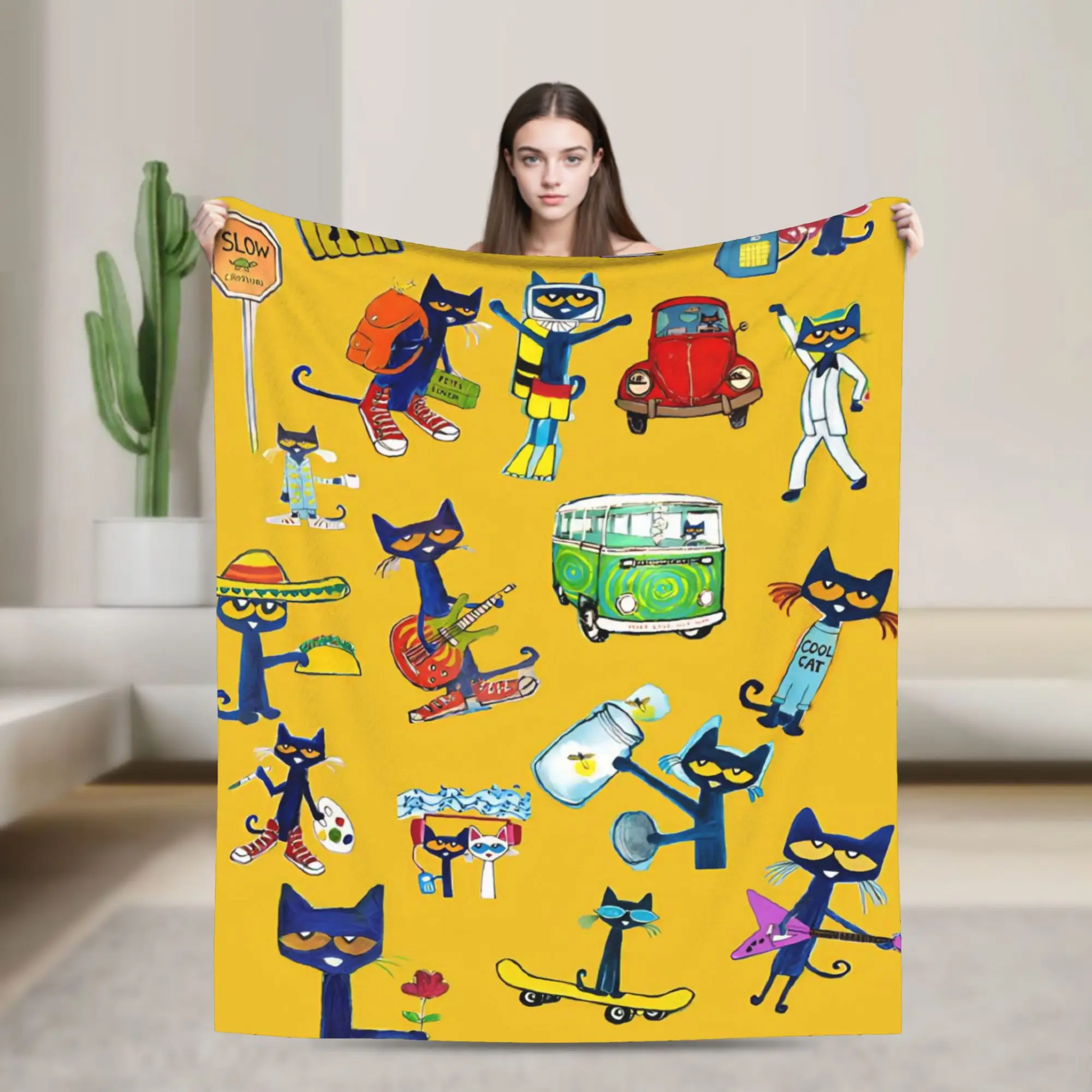 Pete the Cat  Plush Blanket Kitten Funny Throw Blankets for Home Hotel Sofa  125*100cm Rug Piece