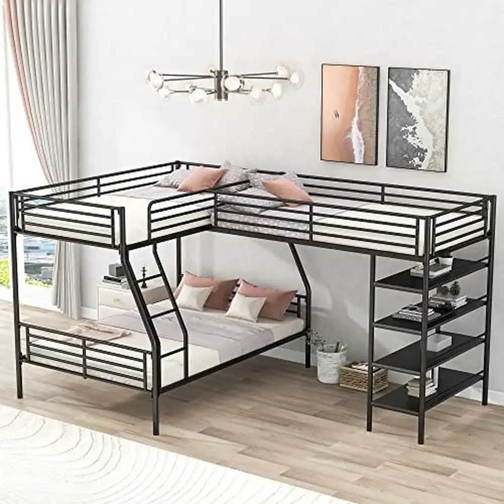 L-Shaped Metal Corner Bunk Bed with Loft & Shelves Twin Over Full Bunk Bed Integrated Ladder & Guardrails No Box Spring Needed