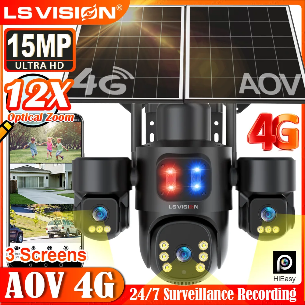 

LS VISION 15MP AOV 24/7 Recording 4G Solar Camera 12X Optical Zoom Security Camera Outdoor Three Scree Auto Tracking CCTV HiEasy