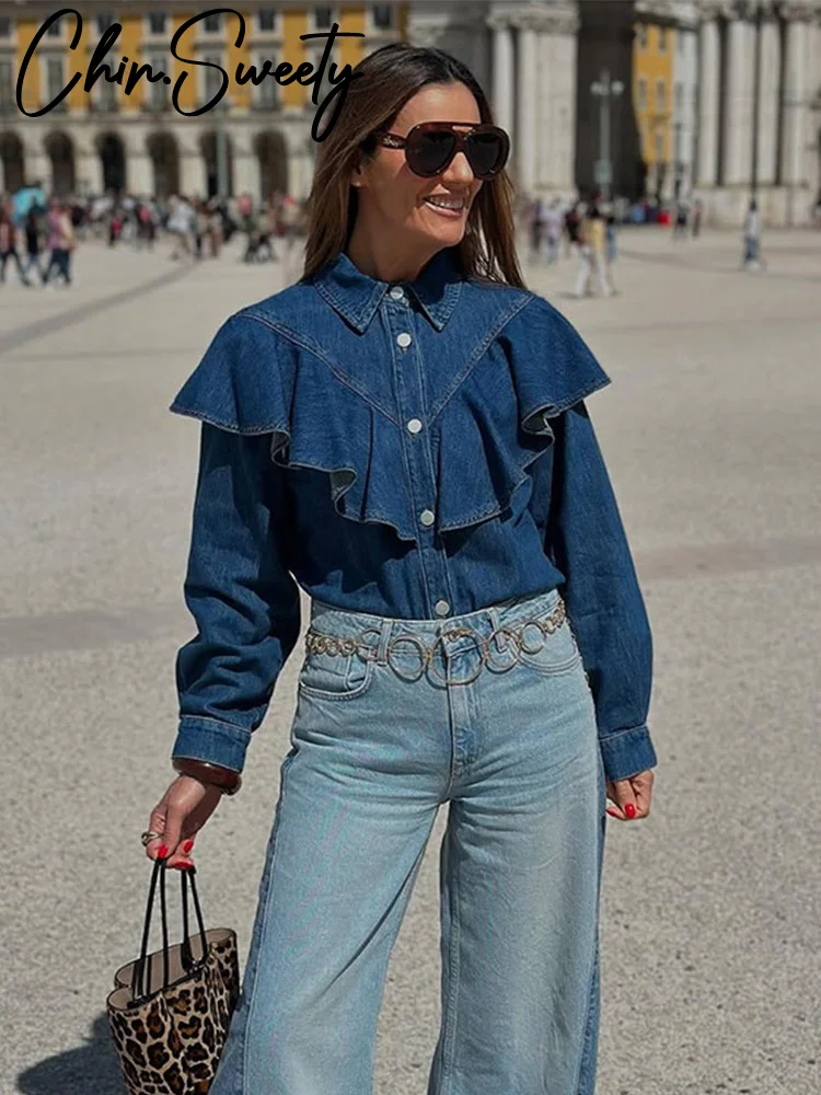 Modna, marszczona koszula dżinsowa damska z klapką i kołnierzykiem metalowy pojedynczy piersi z długim rękawem top na co dzień 2025 letni strój biurowy damski