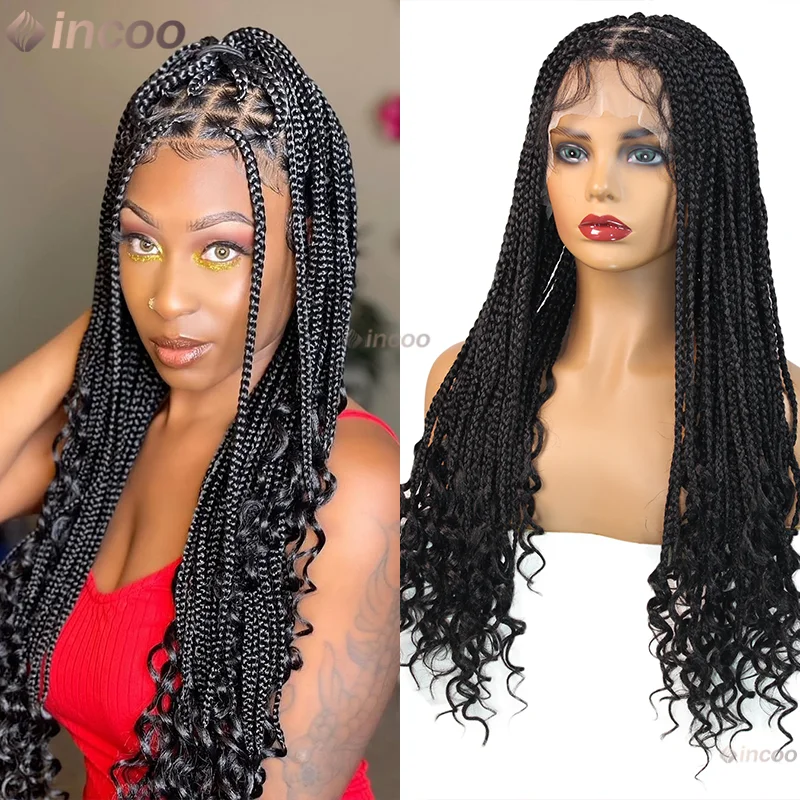 

24 Inches Synthetic Braided Wigs For Black Women Blonde Full Lace Front Cornrows Box Braids With Curly Ends Braids African Wigs