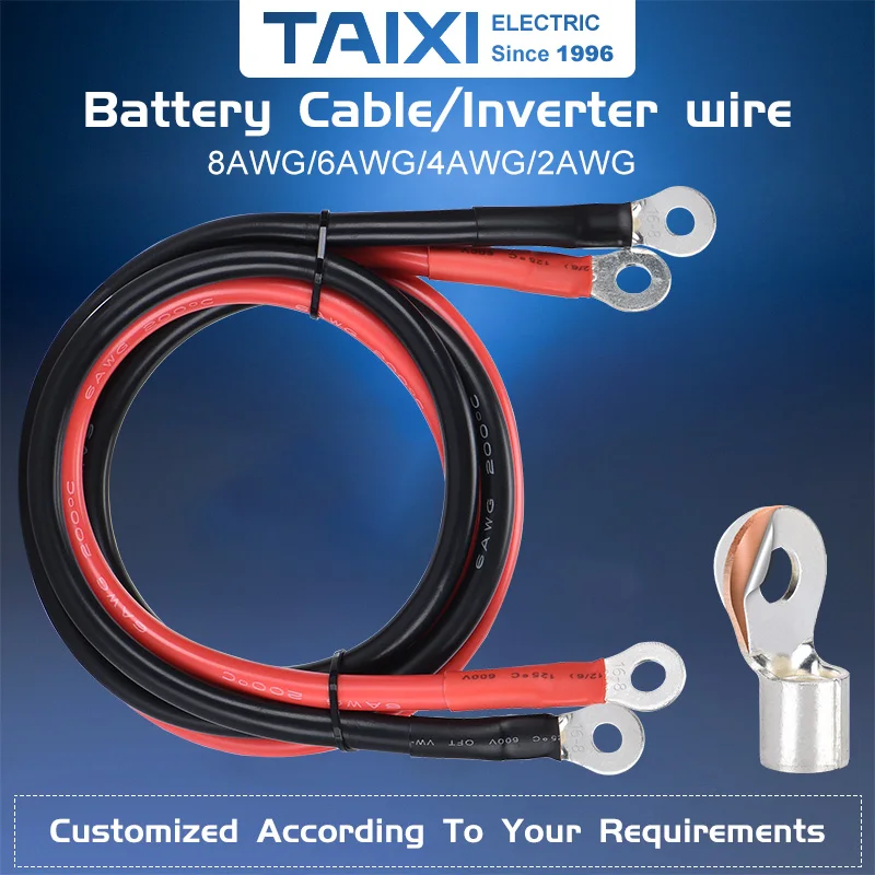 Battery Connection Cable 8 6 4 2 AWG Stranded Copper Wire Terminal Connector Car Inverter Wire with M8 M10 M6 Lug