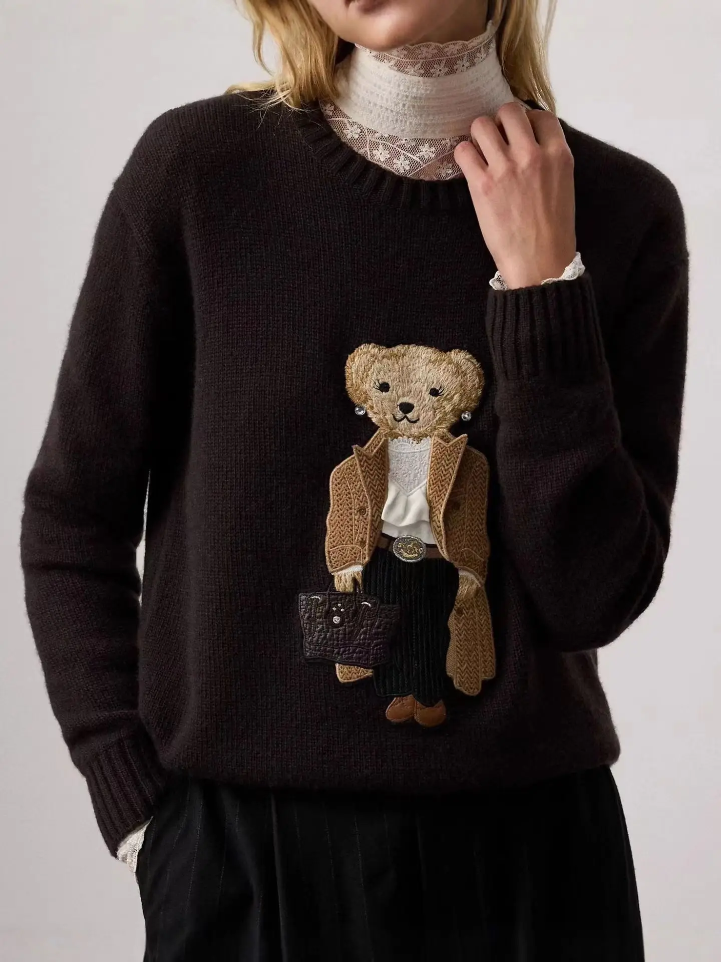 Embroidered Cartoon Bear Y2K Long Sleeve Sweater - Image 2