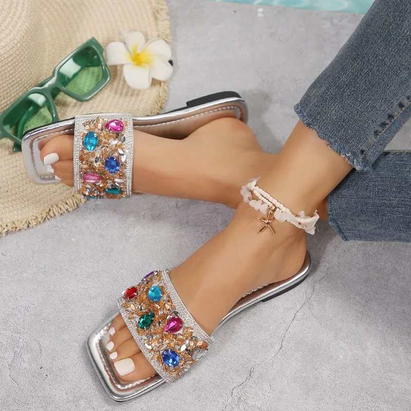 Shoes for Women 2024 New Luxurious Rhinestone Women\'s Slippers Square Toe Fashion Summer Slides Outdoor Casual Flat Slippers