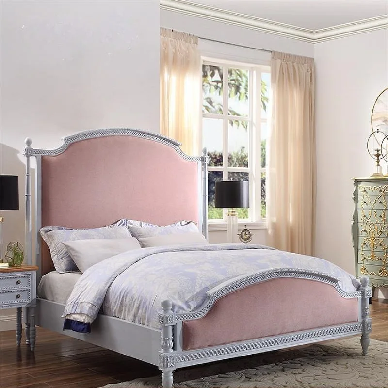 French retro pink fabric double bed imported solid wood velvet master bed high-end European wedding bed AS