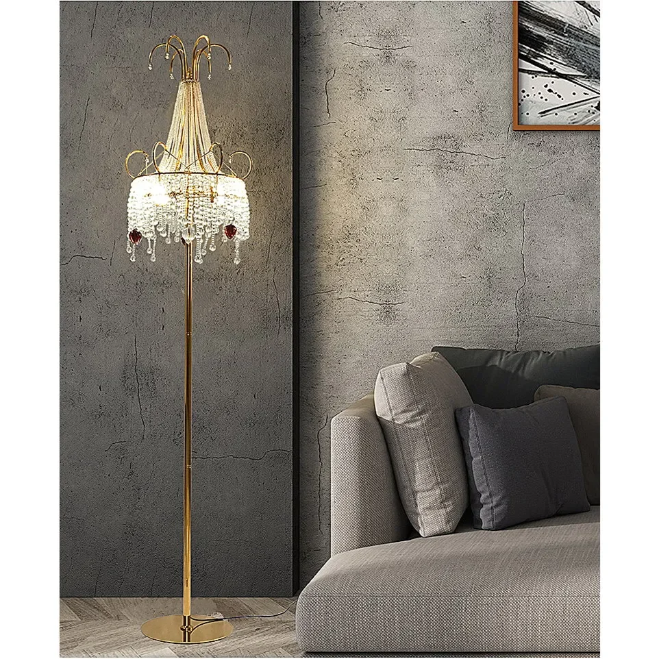 

New golden luxury European vertical personalized wedding room bedroom bedside living room store led tassel crystal floor lamp