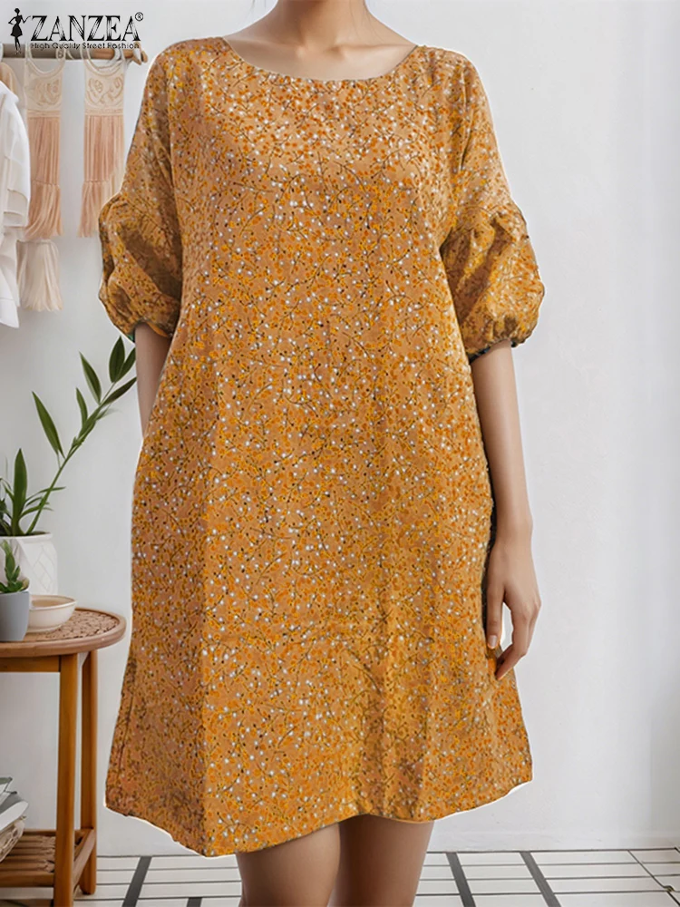 ZANZEA Vintage Print Dress Elegant Knee-Length Sundress Summer Vestidos 2025 Casual Loose Half Lantern Sleeve Party Robe