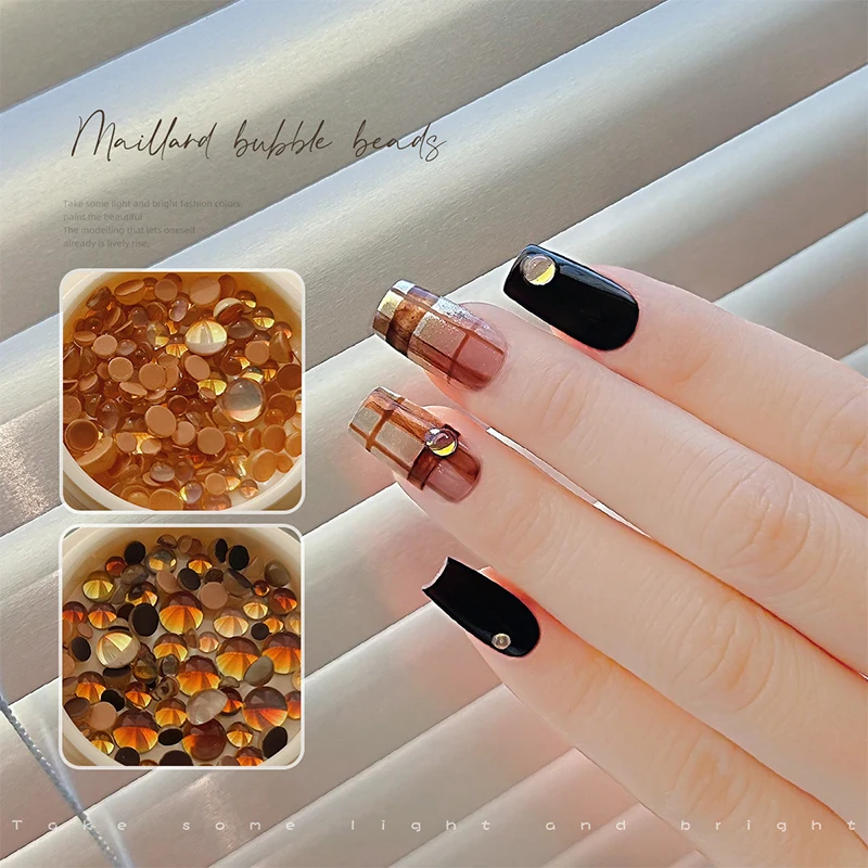 1Box DIY Nail Art Decoration 3D Maillard Mermaid Beads Brown Caramel Flat Crystal Bead Nail Drill For Manicure Design Accessory