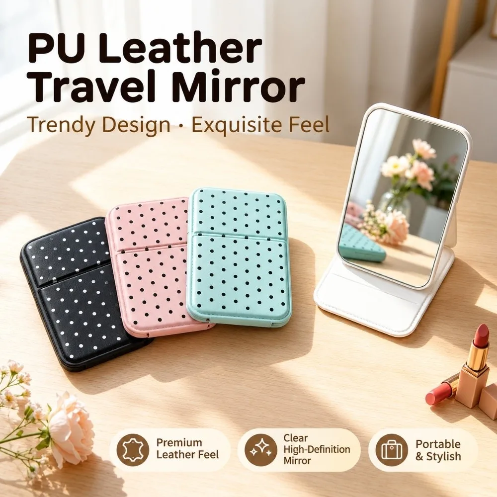 Portable Polka dot pattern Makeup Mirror Mini PU Leather Pocket Mirror Foldable PortbaleVanity Mirror Desktop Use