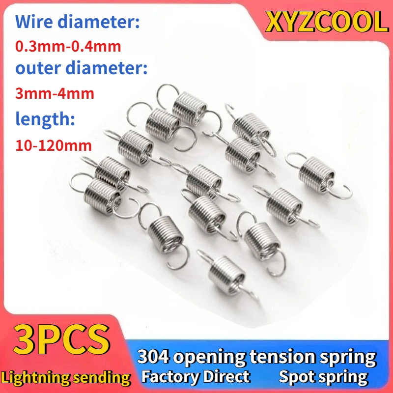 304 Stainless Steel Pull Spring 0.2/0.3 Miniature Small Spring with Hook Tensile Tension Spring Can Be Customized 3PCS