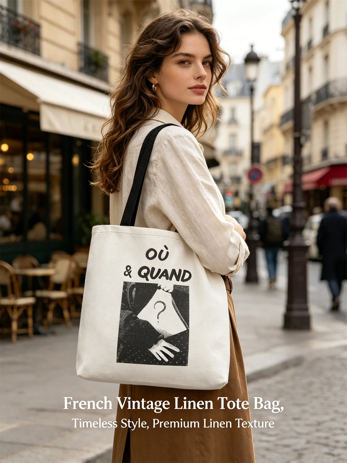 2026 Women's Shoulder Bag, Vintage French Où & Quand Question Typography Art Print Handbag, Stylish Daily Tote Bag for Casual Ca view 2