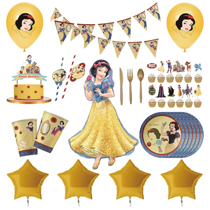 Suministros de fiesta de cumpleaños con temática de Blancanieves, vasos, platos, servilletas, decoraciones desechables para fiesta de cumpleaños de