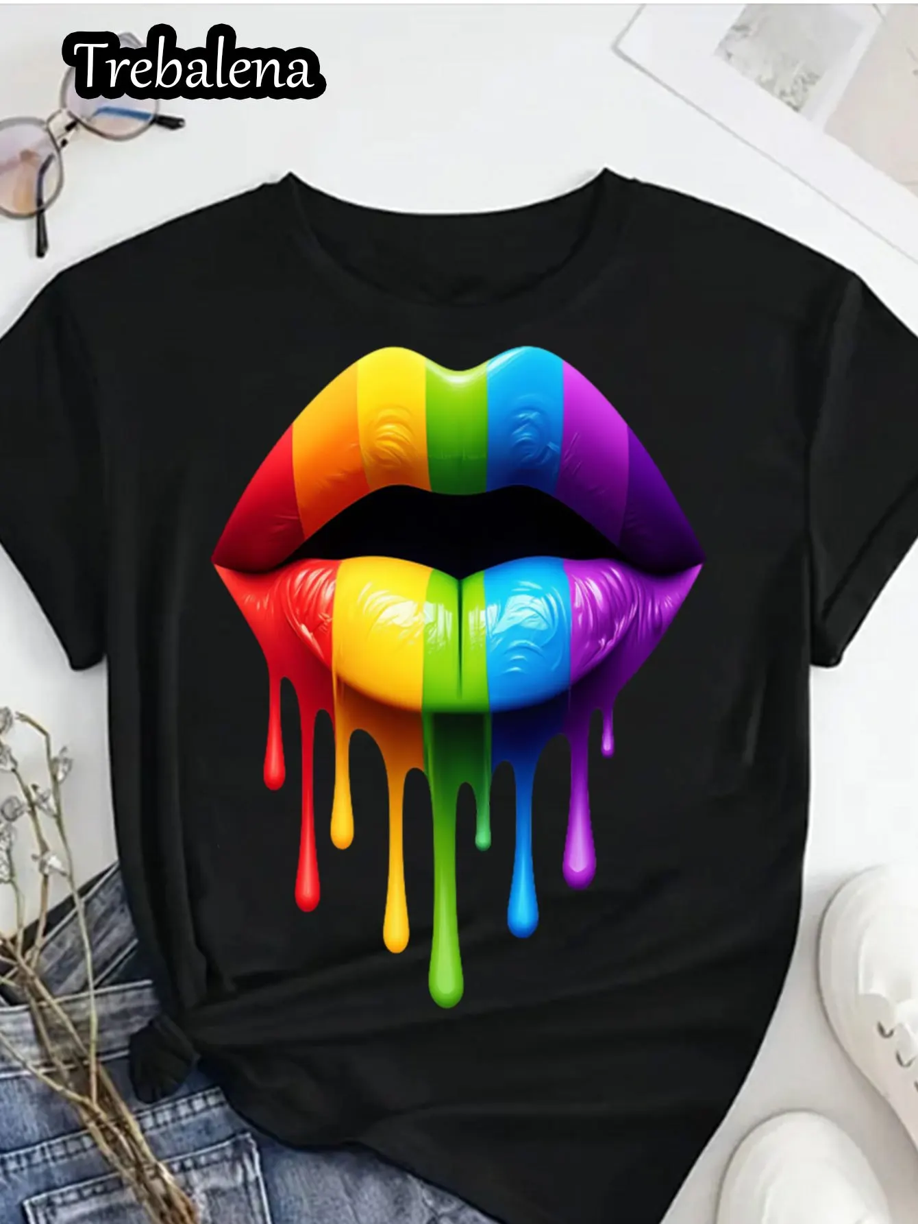 Plus Size T-shirt met ronde hals 100% katoen Regenbooglippen Druipend Grafisch T-shirt Gedurfd Kleurrijk Lippen Ontwerp Zwart Casual T-shirt Zomer