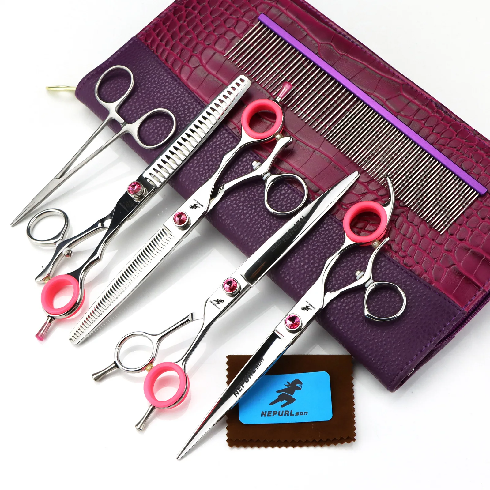 

7.5 Inch Pink Diamond Premium Suit Top Veterinary Animal Shaped Scissors Pet Grooming Fishbone Teeth 4 Set