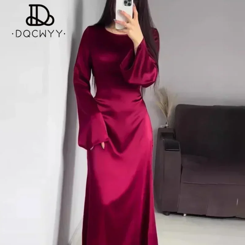 Spring Autumn 2024 New Lace Up Waist Slimming Lace Wine Red Color Long Dresses Sleeved British Style Elegant Dresses for Women