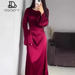 Spring Autumn 2024 New Lace Up Waist Slimming Lace Wine Red Color Long Dresses Sleeved British Style Elegant Dresses for Women