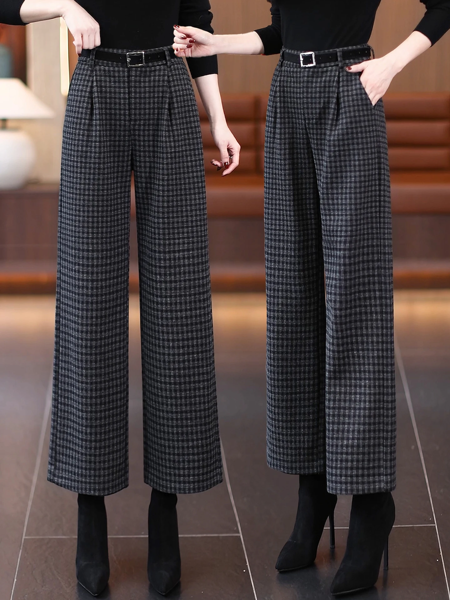 

High Waist Fleece Lined Woolen Wide Leg Pants Women's Autumn Winter Plaid Casual Straight Cut Trousers Slimming Effect