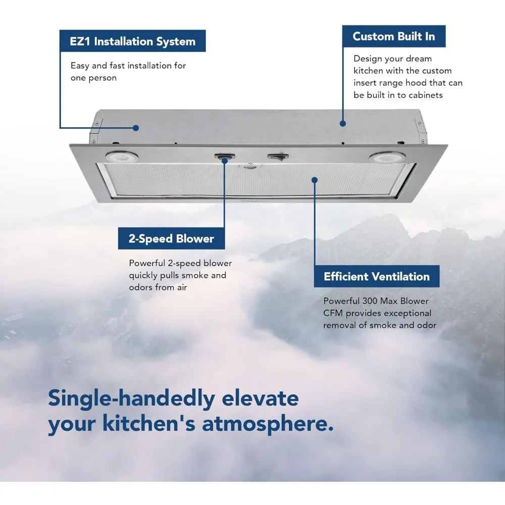 PM300SS Custom Power Pack Range Hood Insert with 2-Speed Exhaust Fan and Light, 300 Max Blower CFM