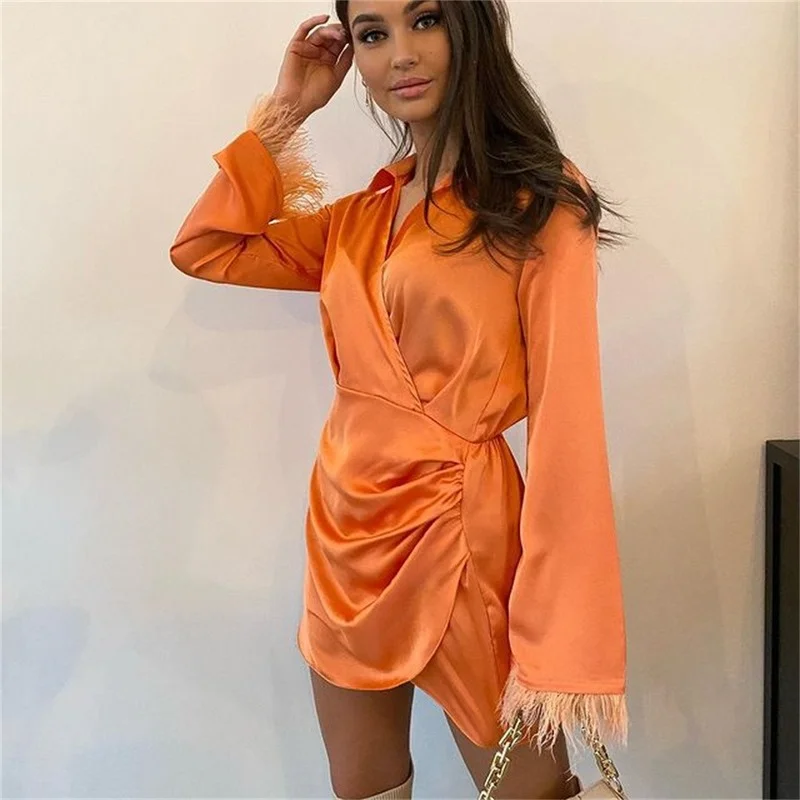 

Spring and Summer Sexy Short Dress for Women 2022 Women's Stitching Feather V-neck Satin Waist Dress Dropshipping Y2k Dress