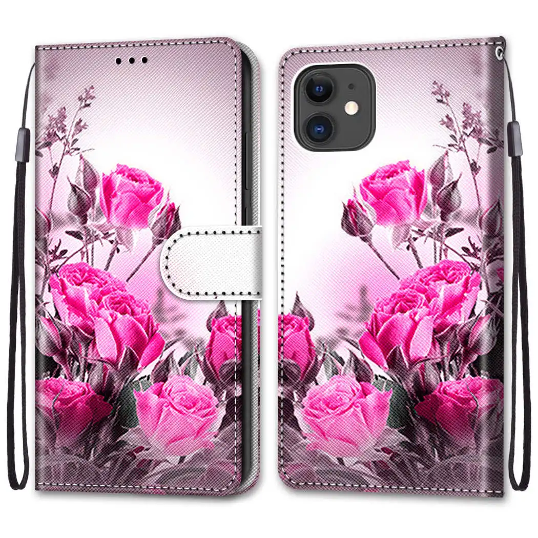 Leather Flip Phone Case For iPhone XR XS X 13 Pro 12 11 10 7 8 SE 2020 SE 2022 Cat Flower Painted Wallet Card Holder Back Cover