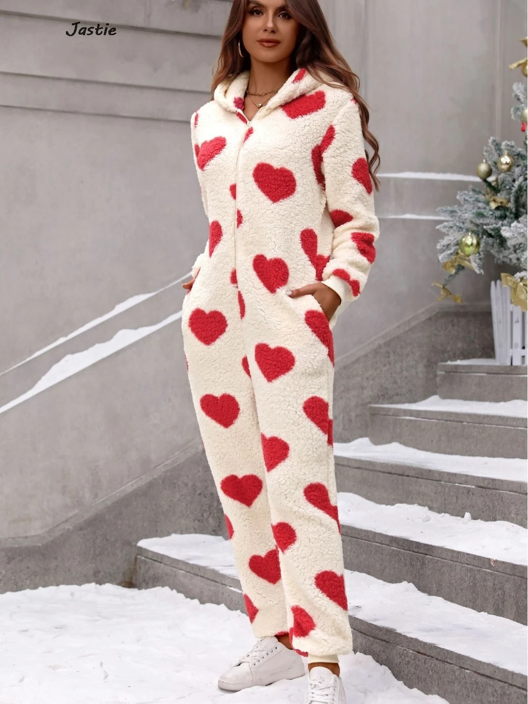 2024 New Autumn Winter Women Plush Love Print Valentine Day Warm Hooded Jumpsuit Causal Sleepwear Homewear