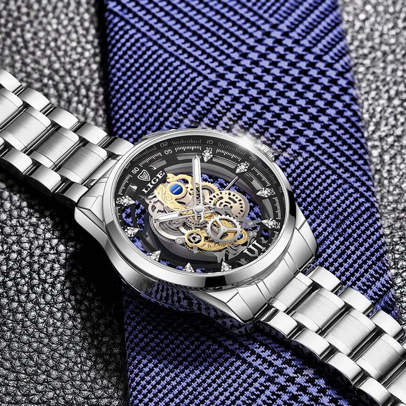 LIGE Fashion Top Luxury Men's Watches Skeleton Automatic quartz wristwatch Retro watches for men Gift Watch Brand Luxury reloj