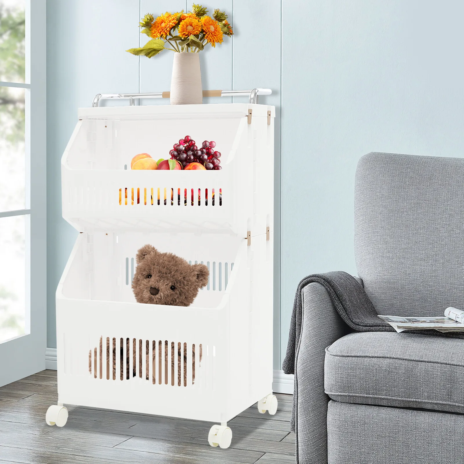 

2-tier Clothes Basket Rolling Laundry Basket Collapsible Laundry Hamper Storage