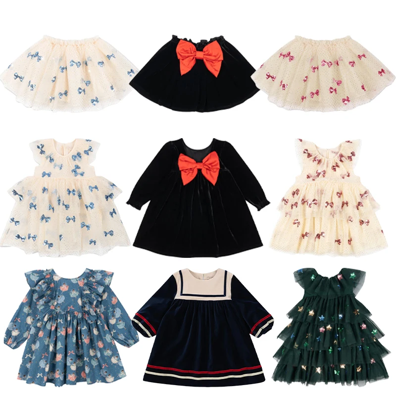 2024 NEW A/W Girls Dress College Style Fluffy Skirt Ballet Long Sleeved Children's Skirt Kids Bow Black Long Skirt Party Dresses