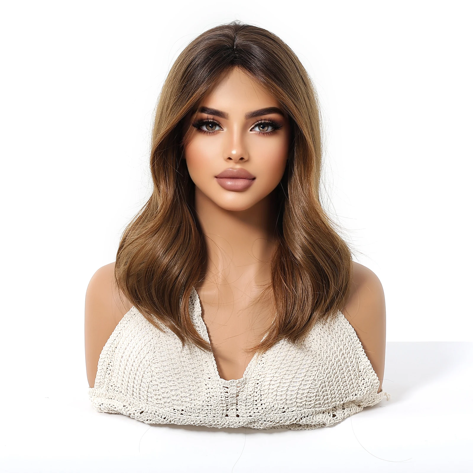 HENRY MARGU Medium Length Wavy Synthetic Hair Wig for Women Brown Wavy Fake Hair Middle Part Daily Club Wigs High Temperature image 2