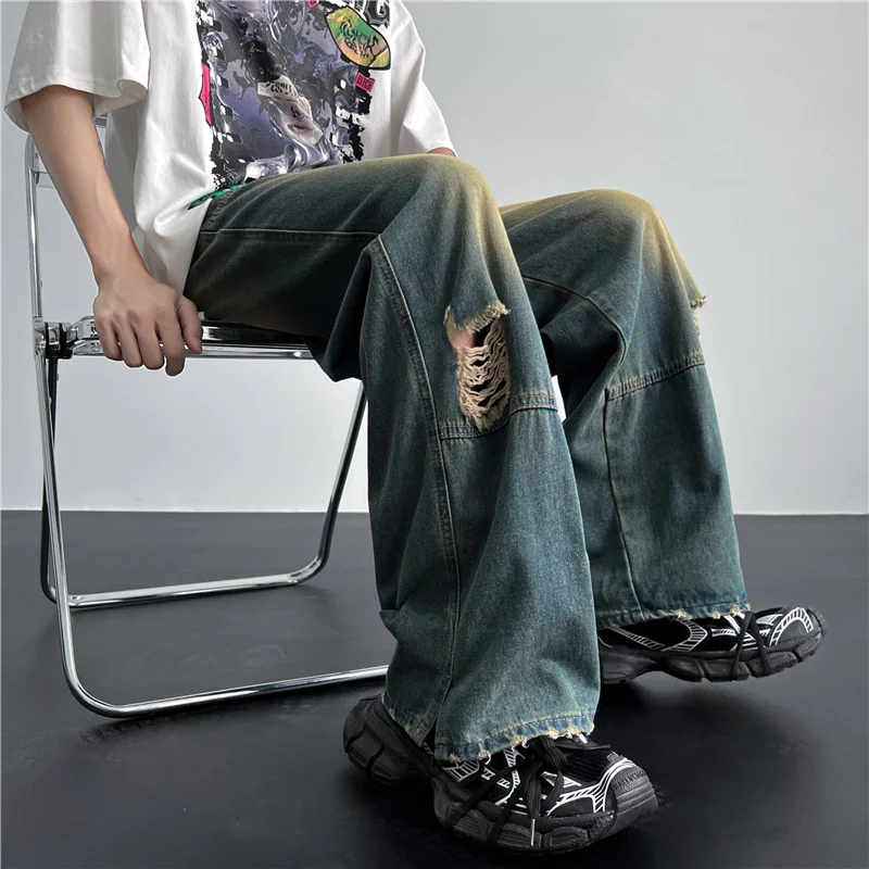 

Retro American Men's Jeans High Street Washed Loose Straight Hip Hop Wide Leg Old Dad Pants Casual Long Trousers Summer