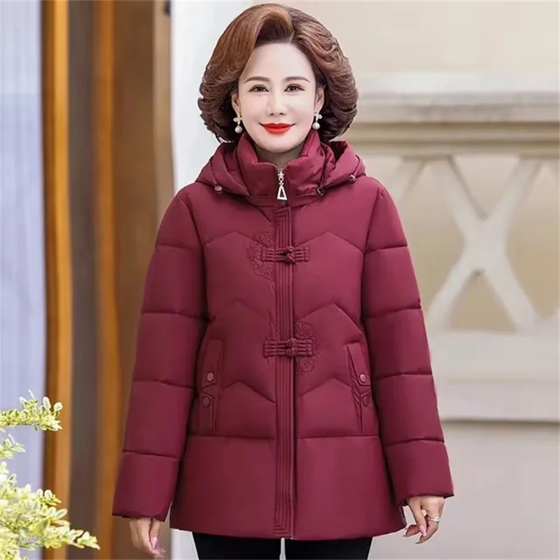 

2024 Grandma Winter Down Cotton Jacket Thick Velvet Mother Parkas Casual Hooded Puffer Coat Elderly Woman Padded Outwear 5XL