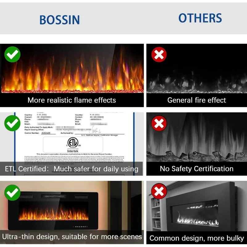 BOSSIN-Lareira elétrica linear ultra-fina Silence, lareira embutida de parede, adequada para 2x4 e 2x6 Stud, 60 polegadas