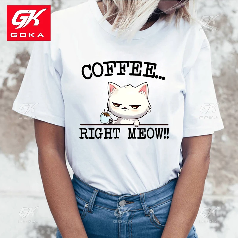 Fashion New Coffee Right Meow Cotton T Shirt  And Women Cartoon T Shirts Harajuku Streetwear Hip hop Casual Tops Unisex Tees