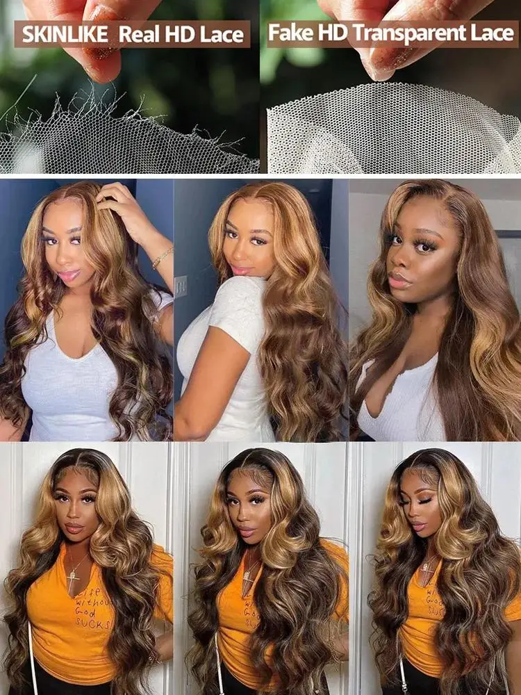 Super Sale Highlight Honey Blonde Body Wave 100% Real Human Hair Wig 4/27 Wig 4x4 Transparent Lace Closure 180 Density Wigs image 4