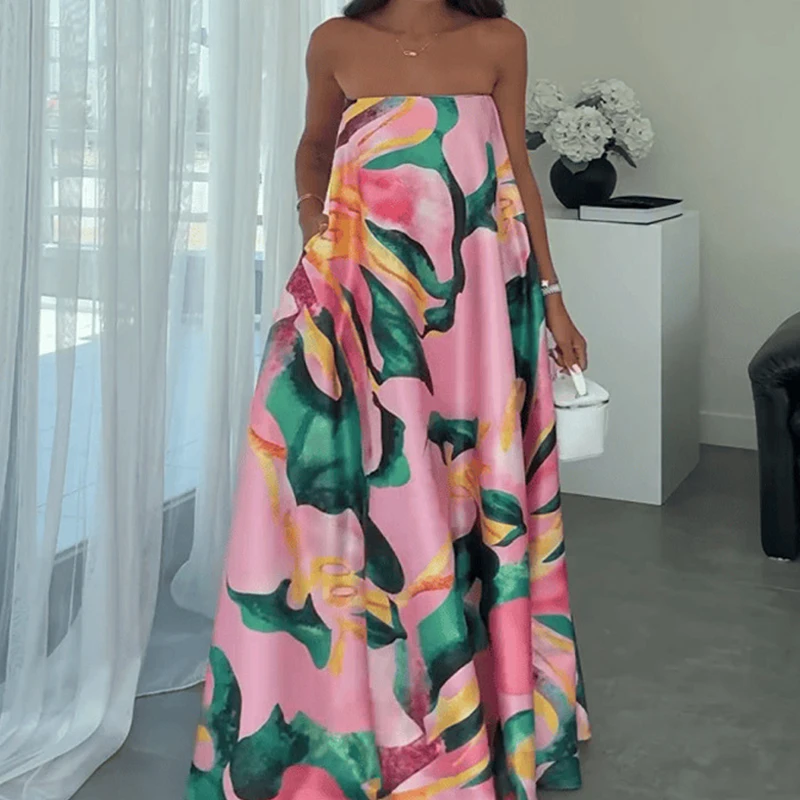 Elegancka sukienka bez ramiączek i rękawów, idealna na wakacje, damska moda, wzorzysty nadruk, drapowana długa sukienka 2026, seksowna sukienka bez pleców, luźna sukienka w stylu bohemy.