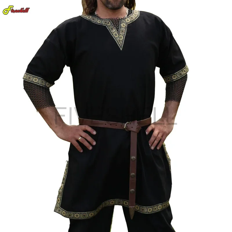 Halloween Medieval Knight Warrior Costume Play Short Sleeved Tunic Men Cosplay  Pirate Ren Faire LARP Tops Shirt For Adult AS665