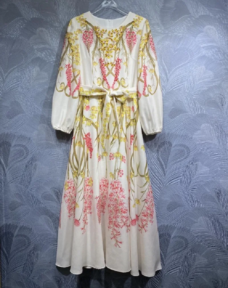 High Quality New 2025 Spring Summer Long Dress Women Hand Made Beading Deco Long Sleeve Evening Party White Maxi Dress Belt