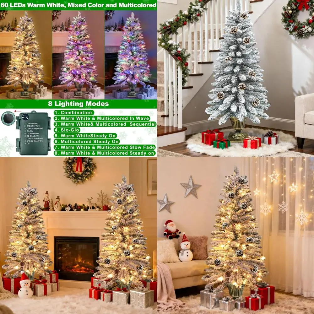 

Рождественская елка с 4 футами, покрытая снегом, 8-режимным таймером, 60 светодиодными фонарями и сосновыми шишками для прихожей на открытом воздухе