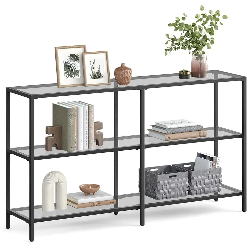 51.2 Inch 3-Shelf Entryway Table with Metal Frame and Tempered Glass, Classic Black and Gray